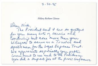 CLINTON, HILLARY RODHAM. Autograph Letter Signed, Hillary, as First Lady, to U.S. Attorney General Nicholas Katzenbach (Dear Nick),